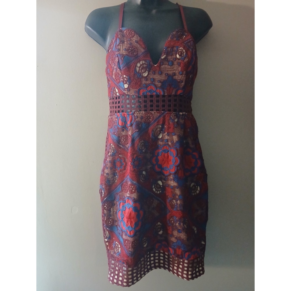 Akira Women Burgundy Floral Lace Lattice Midi Dress V-Neck Strappy Back Size M